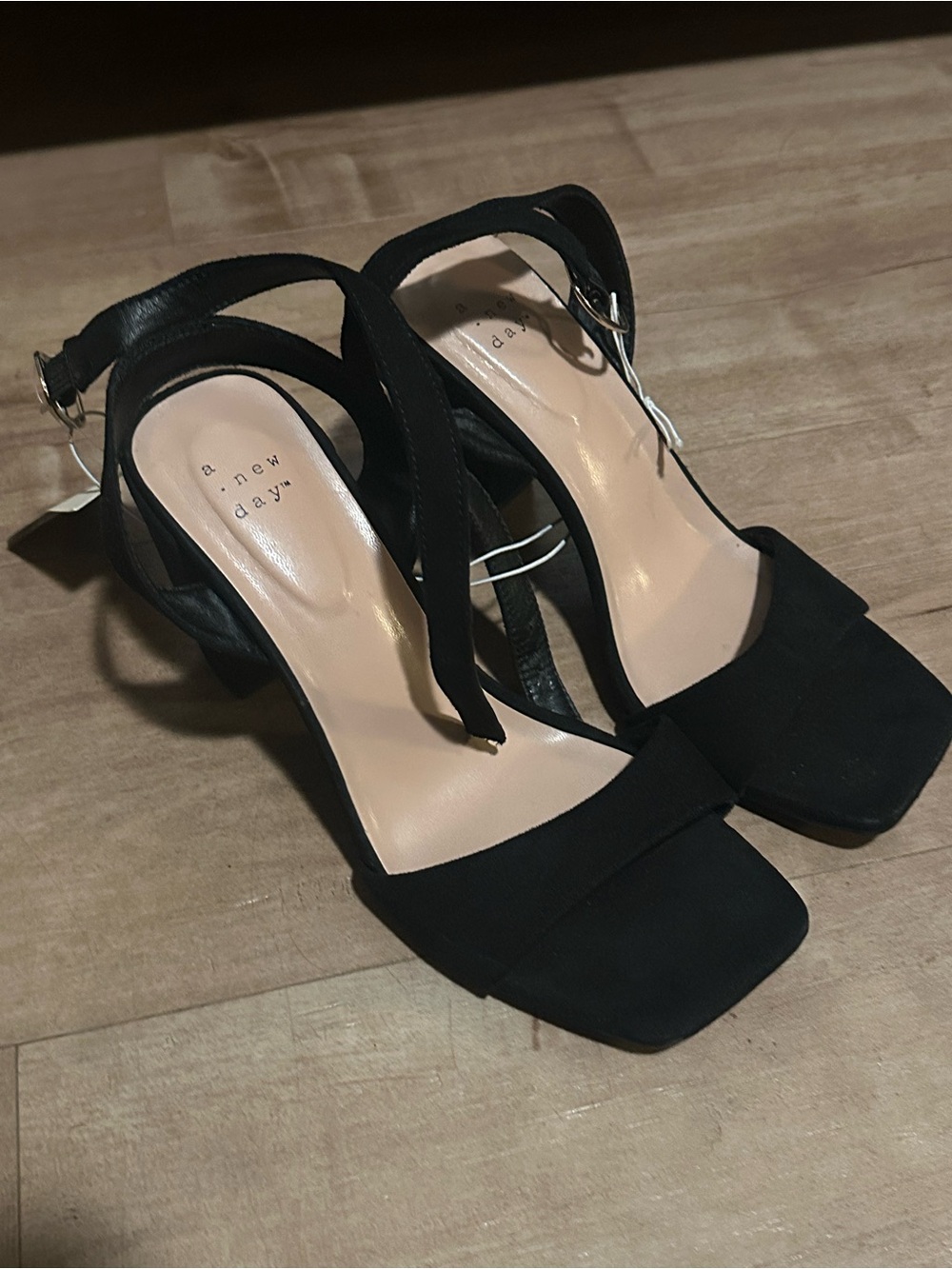 a new day Black Square-Toe Ankle Strap Block Heels